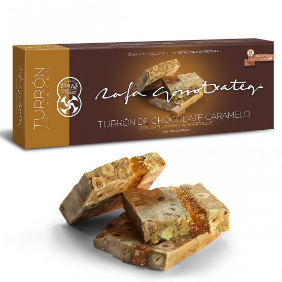 Turrón Rafa Gorrotxategi Chocolate Caramelo con Avellanas y Albaricoque.